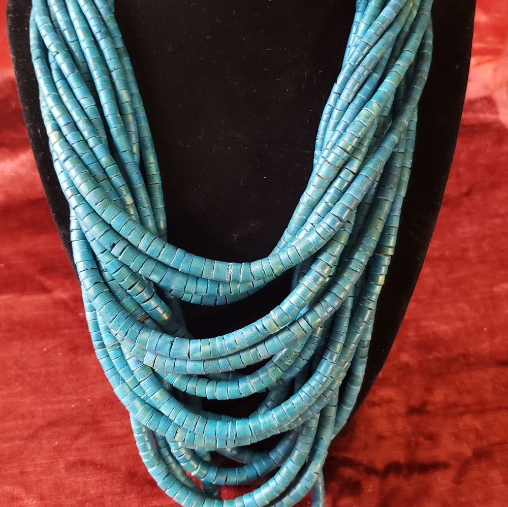 Natural horn turquoise color multistrand hook closure necklace. Unmarked.